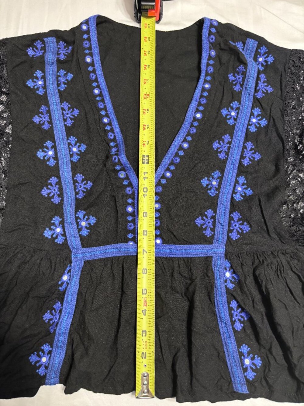 Free People Black & Blue Embroidered Peasant Boho Peplum Blouse Top Lace Size M - Picture 10 of 10